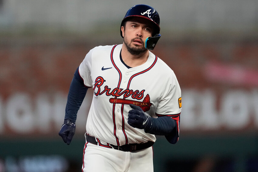 Atlanta Braves' Travis d'Arnaud runs the bases after hitting a two-run home run in the fourth inning against the Miami Marlins on Monday, April 22, 2024, in Atlanta. (AP Photo/John Bazemore)