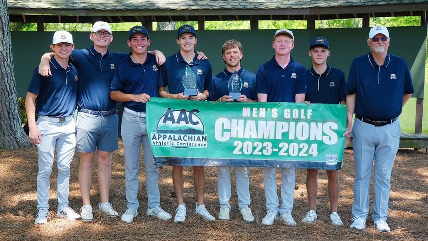 Members of the Truett McConnell University men's golf team pose after winning the Appalachian Athletic Conference Championship at Barnsley Gardens Golf Club. (Photo/TMU)