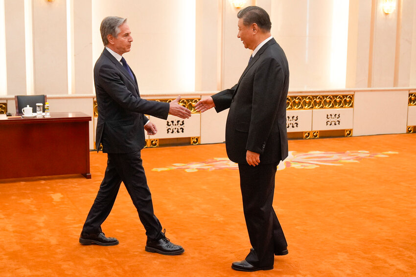 U.S. Secretary of State Antony Blinken meets with Chinese President Xi Jinping at the Great Hall of the People, Friday, April 26, 2024, in Beijing, China. (AP Photo/Mark Schiefelbein, Pool)