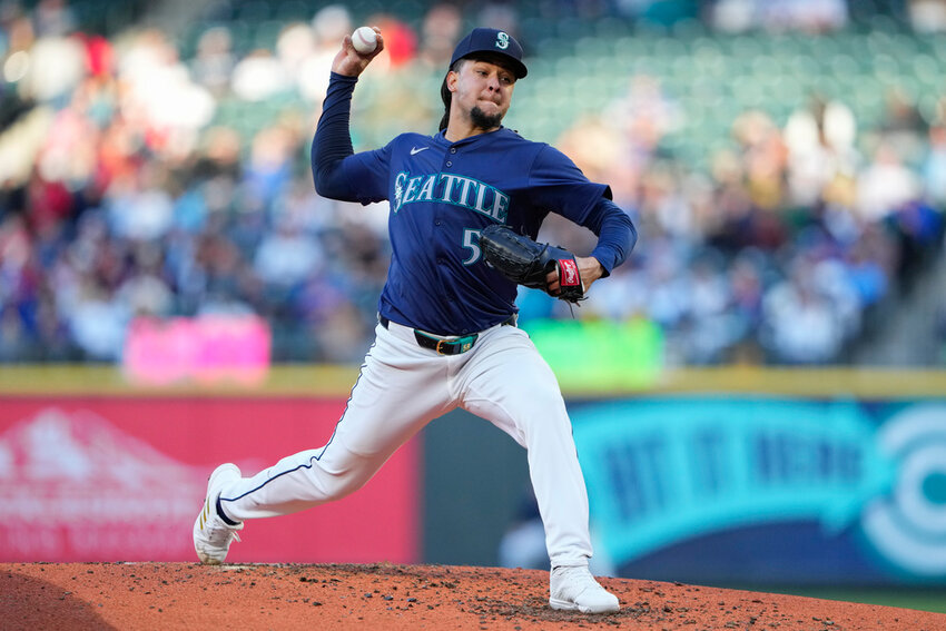 Seattle Mariners starting pitcher Luis Castillo throws against the Atlanta Braves during the third inning Tuesday, April 30, 2024, in Seattle. (AP Photo/Lindsey Wasson)