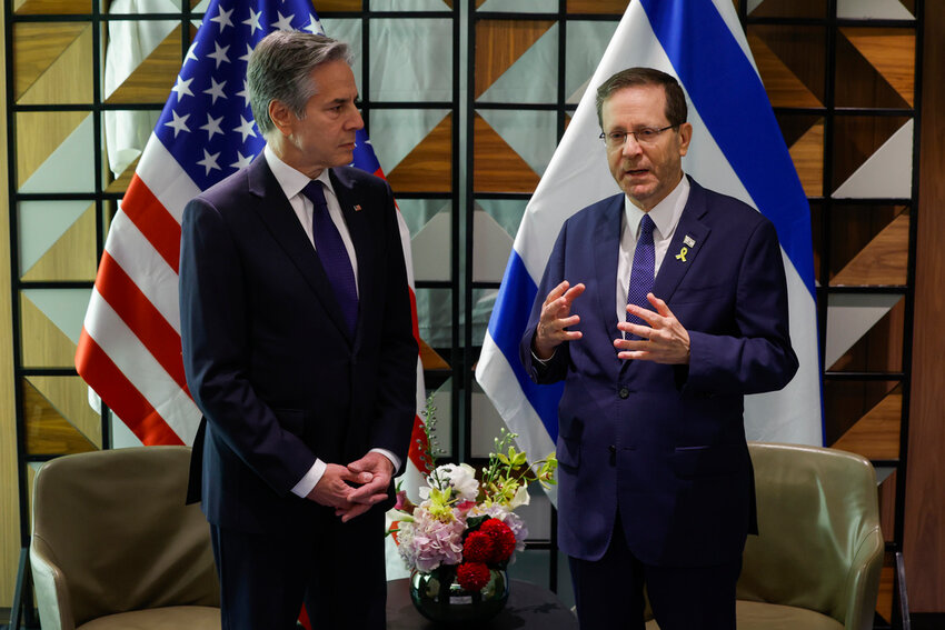 U.S. Secretary of State Antony Blinken, left, and Israeli President Isaac Herzog meet in Tel Aviv, Israel, Wednesday, May 1, 2024. (Evelyn Hockstein/Pool Photo via AP)