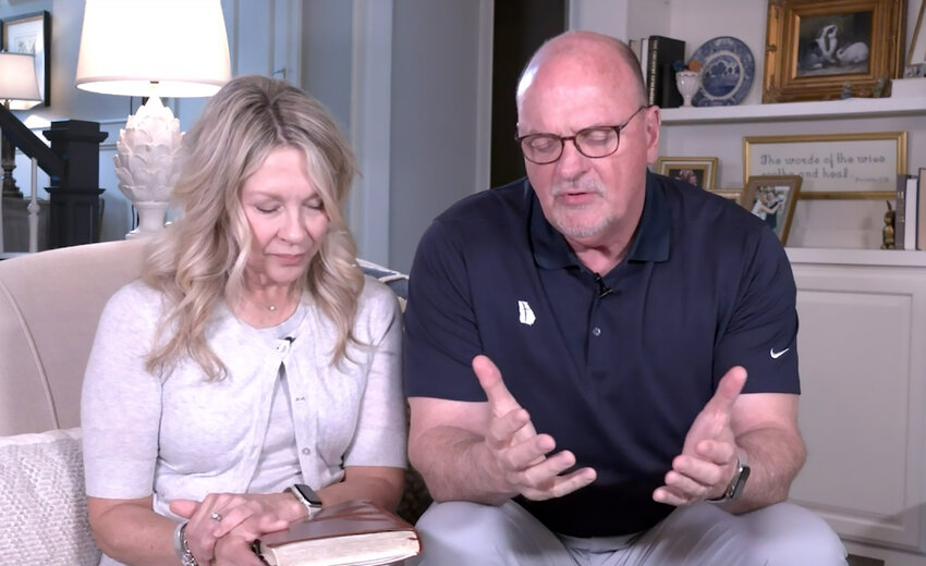 Thomas Hammond Jr., executive director of the Georgia Baptist Mission Board, and his wife Kerri pray on a livestream on the National Day of Prayer. (Photo/GBMB livestream)