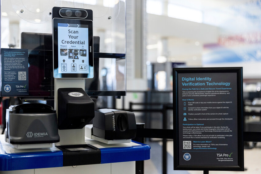 The Transportation Security Administration's new facial recognition technology is seen at a Baltimore-Washington International Thurgood Marshall Airport security checkpoint, April 26, 2023, in Glen Burnie, Md. (AP Photo/Julia Nikhinson, File)