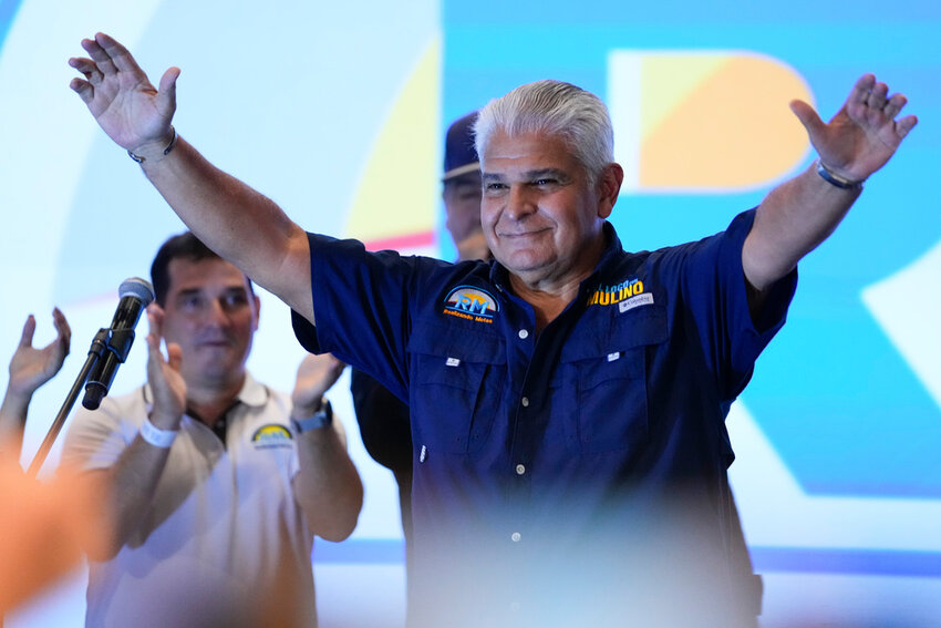 José Raúl Mulino, the stand-in for former President Ricardo Martinelli in Panama's presidential election, celebrates after his three nearest rivals conceded in Panama City, Sunday, May 5, 2024. (AP Photo/Matias Delacroix)