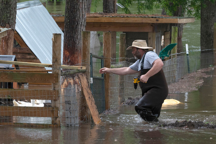 Overflow from the swollen Trinity River fills James Smart's backyard as he makes preparations to his chicken coup to ensure the safety of his livestock, Sunday, May 5, 2024, near Liberty, Texas. (Kirk Sides/Houston Chronicle via AP)