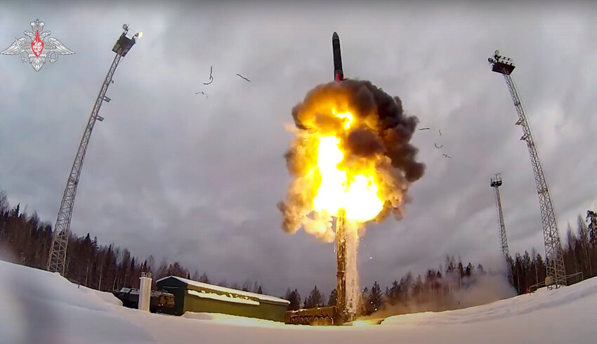 A Yars intercontinental ballistic missile is launched from an airfield during military drills in Russia in 2022. (Russian Defense Ministry Press Service via AP, File)