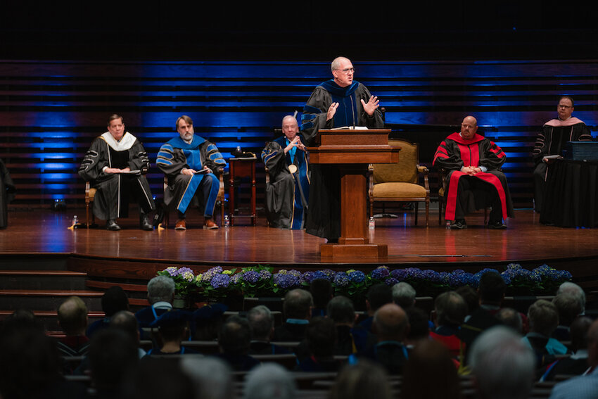 Bart Barber, president of the Southern Baptist Convention, addresses graduates of Southwestern Baptist Theological Seminary and Texas Baptist College during spring commencement Friday, May 3, on the Fort Worth campus. (SWBTS/Amanda Williams)