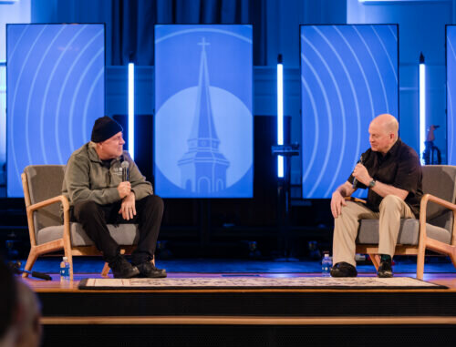 Dr. Jim Shaddix joins President Danny Akin, right, on the chapel stage at Southeastern Baptist Theological Seminary. (Photo/SEBTS)