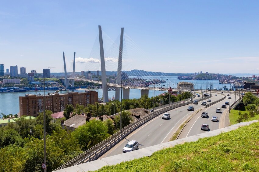 A view of the bridge connecting the Russky Island and Vladivostok, in Russia's far east, on Saturday, Aug. 26, 2023. (AP Photo/Alexander Khitrov, File)