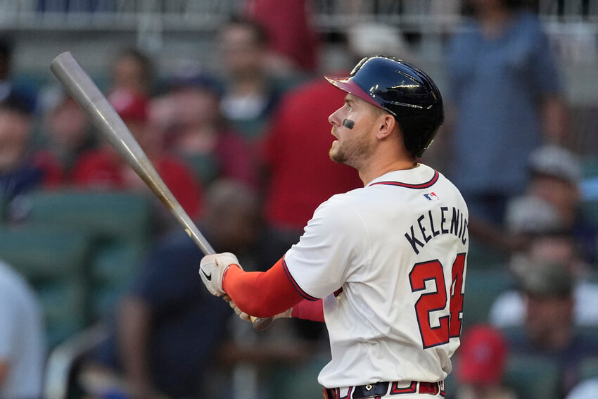 Atlanta Braves' Jarred Kelenic watches his two-run home run in the third inning against the Boston Red Sox on Tuesday, May 7, 2024, in Atlanta. (AP Photo/John Bazemore)