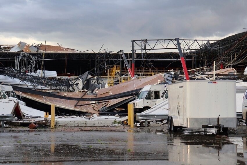 Debris is seen from a damaged FedEx facility after a tornado in Portage, Mich., Tuesday, May 7, 2024. (Brad Devereaux/Kalamazoo Gazette via AP)