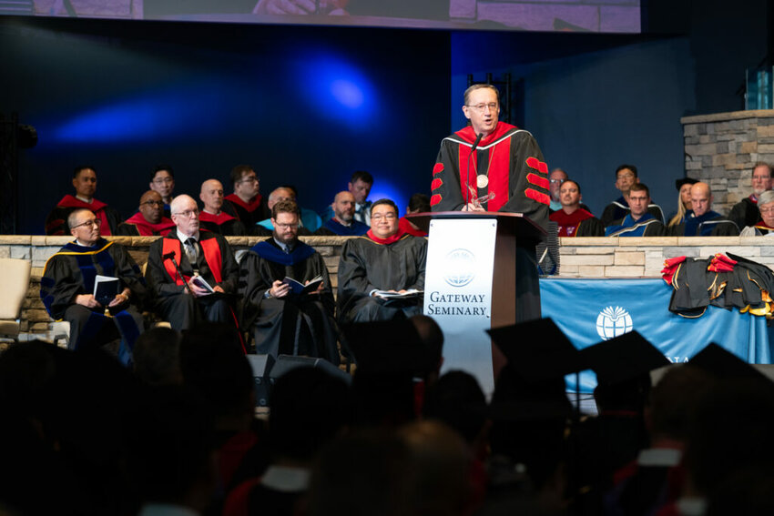 President Jeff Iorg addresses graduates at Gateway Seminary's 2024 spring commencement ceremony on Friday, May 3, in Ontario, Calif. (Photo/Gateway Seminary)