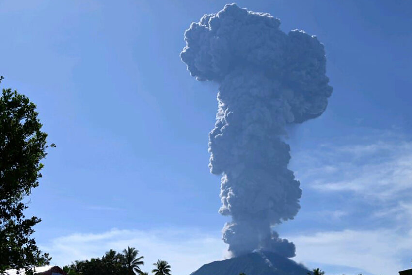 Mount Ibu spews volcanic materials into the air during an eruption in West Halmahera, Indonesia, Monday, May 13, 2024. (PVMBG-ESDM via AP)