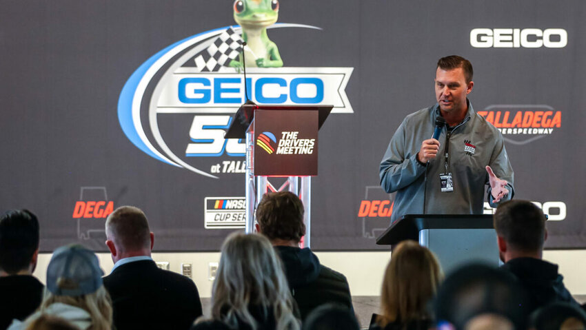 MRO Chaplain Nick Terry gives the message during chapel service on April 21, 2024, prior to the Geico 500 at Talladega Superspeedway. (The Alabama Baptist/Travis Frontz)