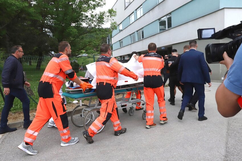 Rescue workers take Slovak Prime Minister Robert Fico, who was shot and injured, to a hospital in the town of Banska Bystrica, central Slovakia, Wednesday, May 15, 2024. (Jan Kroslak/TASR via AP)