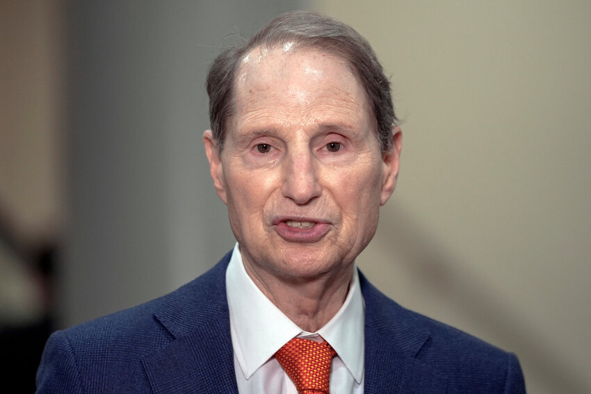 FILE - Sen. Ron Wyden, D-Ore., speaks with reporters on Capitol Hill on March 20, 2024, in Washington. A Senate inquiry has found BMW, Jaguar Land Rover and Volkswagen have bought parts made by a Chinese company sanctioned under a 2021 law for using forced labor. 