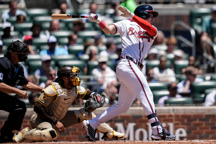 Atlanta Braves' Jarred Kelenic (24) hits a single against the San Diego Padres in the third inning of a baseball game, Monday, May 20, 2024, in Atlanta. (AP Photo/Mike Stewart)