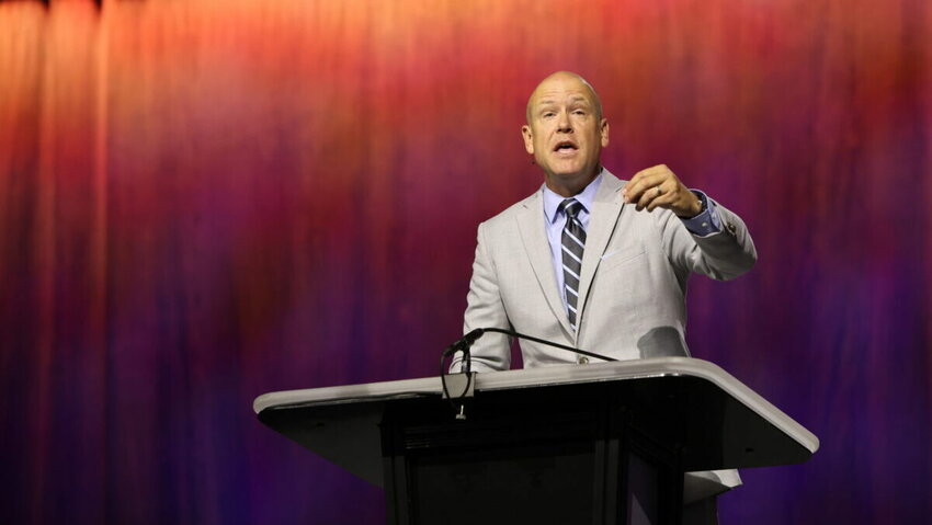 Jimmy Scroggins, pastor of Family Church in Florida, preaches during the Pastors’ Conference on Monday afternoon. (The Baptist Paper/Van Payne)