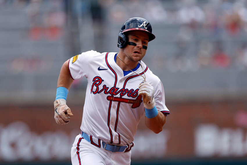 Atlanta Braves' Jarred Kelenic runs the bases after a solo home run against the Tampa Bay Rays, June 16, 2024, in Atlanta. (AP Photo/Butch Dill)
