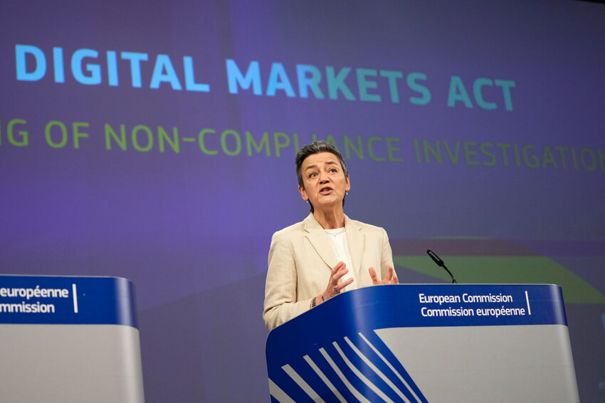 European Commissioner for Europe for the Digital Age Margrethe Vestager speaks in Brussels, on March 25, 2024. (AP Photo/Virginia Mayo, File)