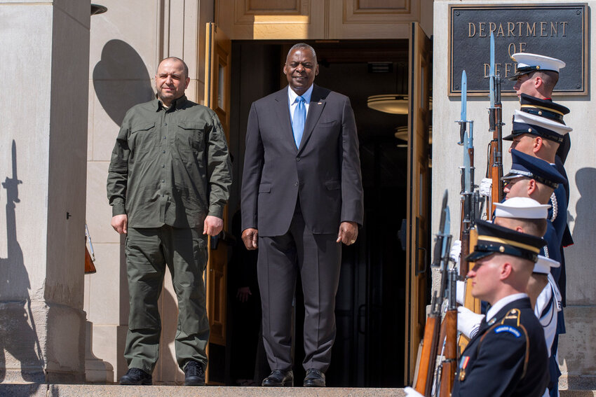 Defense Secretary Lloyd Austin, right, stands with Ukraine's Defense Minister Rustem Umerov during an arrival ceremony at the Pentagon, Tuesday, July 2, 2024, in Washington. (AP Photo/Jacquelyn Martin)