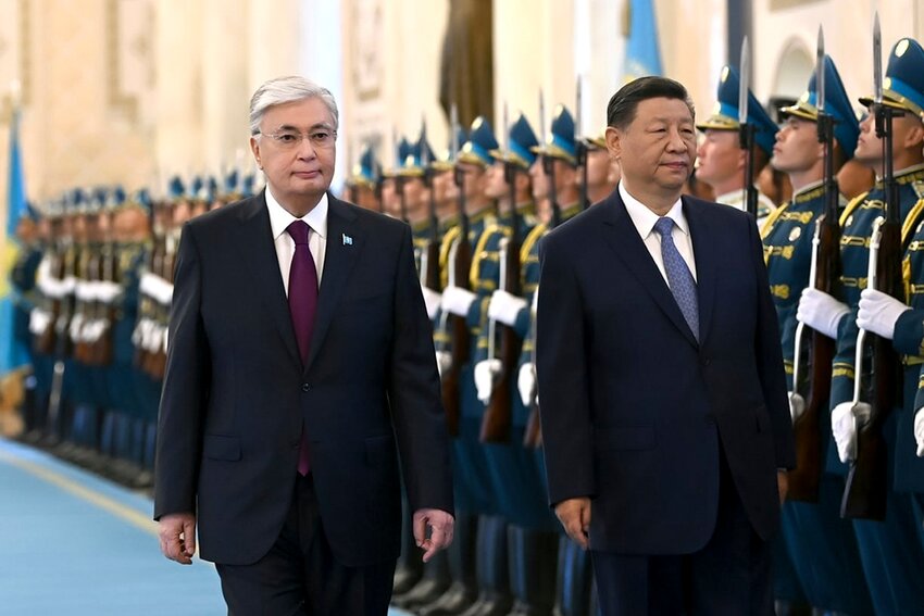 President Kassym-Jomart Tokayev, left, and Chinese President Xi Jinping attend an official welcome ceremony at the palace in Astana, Kazakhstan, Wednesday, July 3, 2024. (Kazakhstan's Presidential Press Office via AP)