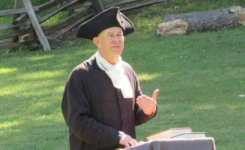 Bruce Jennings, minister of youth and families at Arrowwood Baptist Church in Chesnee, S.C., preaches at a reenactment of the Battle of Cowpens. (Photo/Bruce Jennings via Baptist Press)
