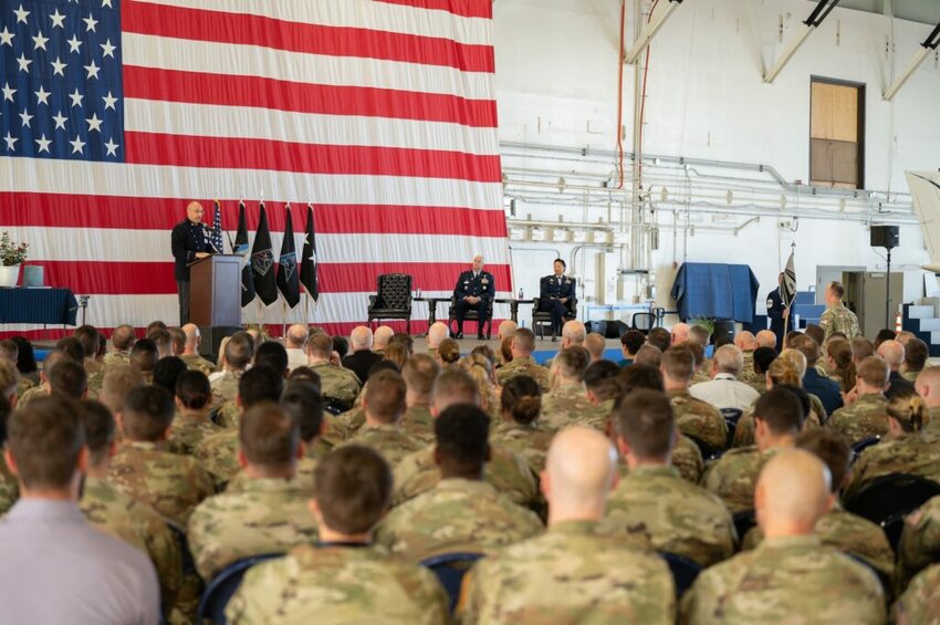 U.S. Space Force Lt. Gen. David N. Miller, Jr, Space Operations Command commander, speaks to Space Delta 7 - Intelligence, Surveillance and Reconnaissance Guardians, Airmen and civilians as the presiding official during a change of command ceremony at Peterson Space Force Base, Colorado, June 13, 2024. (Photo/US Space Force via Baptist Press)