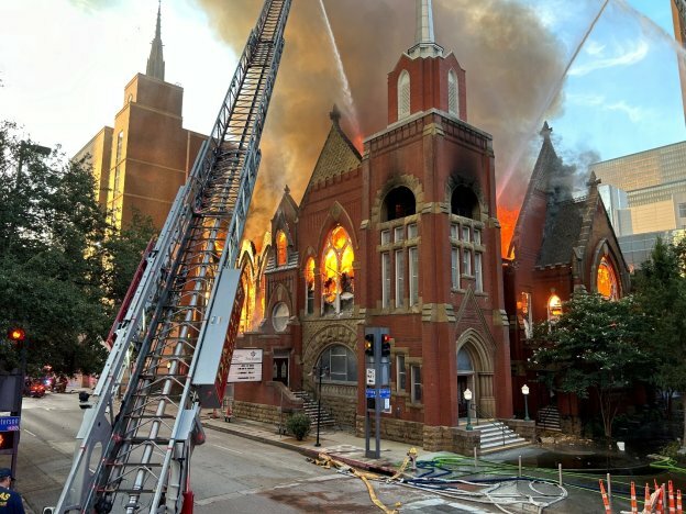Firefighters work to extinguish the fire at First Baptist Dallas. (Photo/FBC Dallas via Baptist Press)