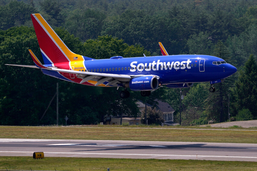 A Southwest Airlines Boeing 737 lands at Manchester Boston Regional Airport, June 2, 2023, in Manchester, N.H. (AP Photo/Charles Krupa, File)