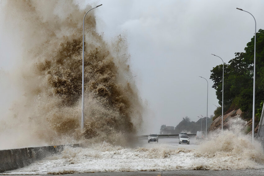 Huge waves lash the shore ahead of landfall by Typhoon Gaemi, Thursday, July 25, 2024. (Jiang Kehong/Xinhua via AP)