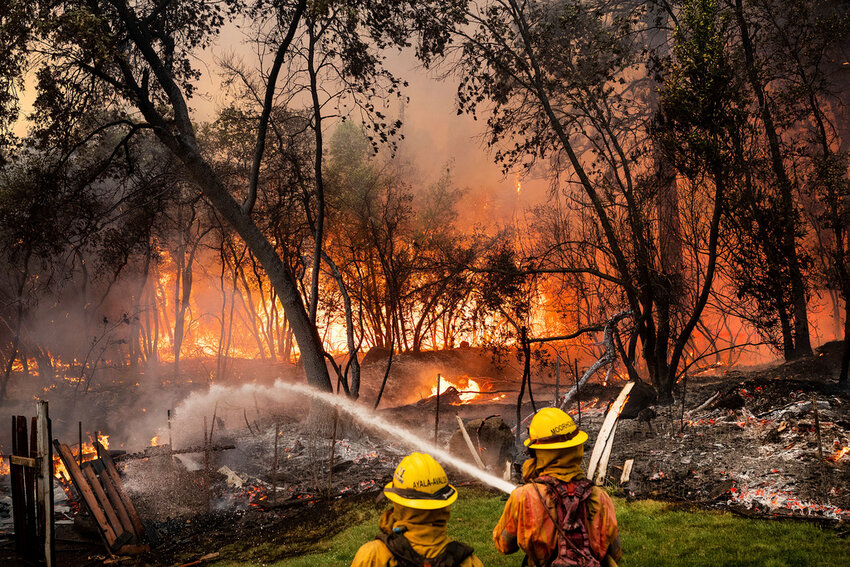 Firefighters spray water while battling the Park Fire in the Cohasset community of Butte County, Calif., on Thursday, July 25, 2024. (AP Photo/Noah Berger)