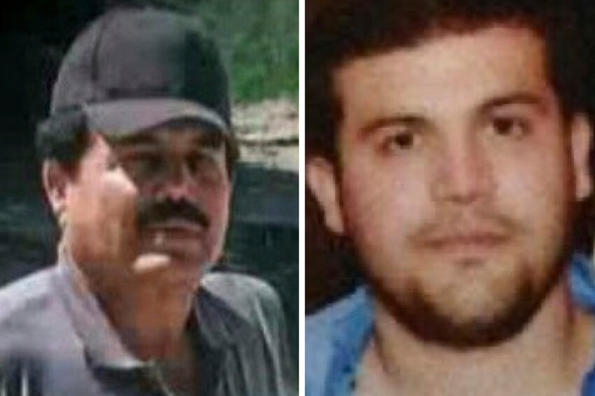 This combo of images provided by the U.S. Department of State show Ismael “El Mayo” Zambada, a leader of Mexico’s Sinaloa cartel, left, and Joaquín Guzmán López, a son of another infamous cartel leader. (U.S. Department of State via AP)