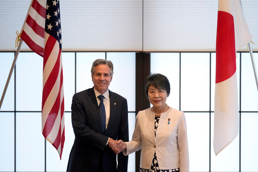 U.S. Secretary of State Antony Blinken, left, and  Japanese Foreign Minister Yoko Kamikawa shake hands before their bilateral meeting at the Foreign Ministry's Iikura guesthouse in Tokyo, Sunday, July 28, 2024. (AP Photo/Hiro Komae)