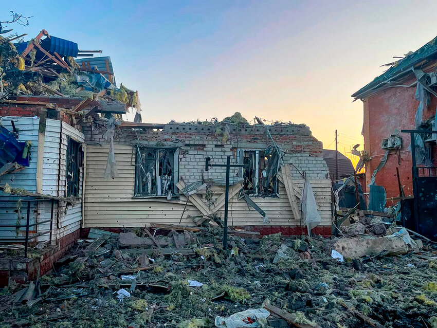 A damaged house after shelling by Ukrainian forces in the city of Sudzha, Kursk region that borders Ukraine, Tuesday, Aug. 6, 2024. (Governor of Kursk region telegram channel via AP)