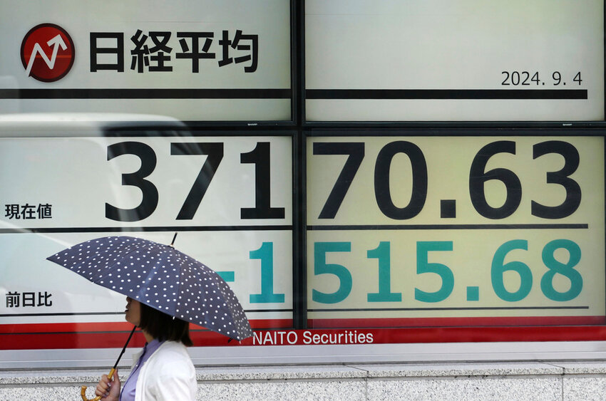 An electronic stock board shows Japan's Nikkei index in Tokyo Wednesday, Sept. 4, 2024. (Kyodo News via AP)