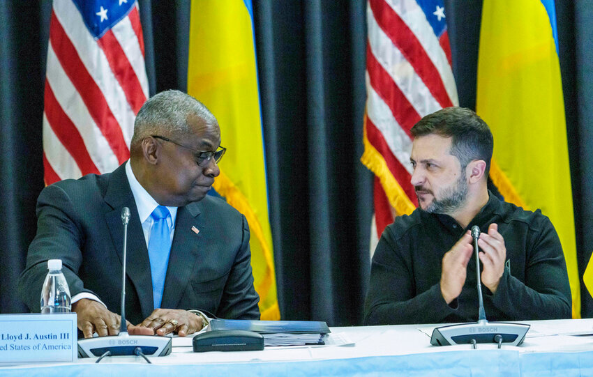 Defense Secretary Lloyd Austin, left and Ukrainian President Volodymyr Zelenskyy meet during the Ukraine Contact Group meeting at Ramstein Air Base, Germany, Friday, Sept.6, 2024. (Andreas Arnold/dpa via AP)