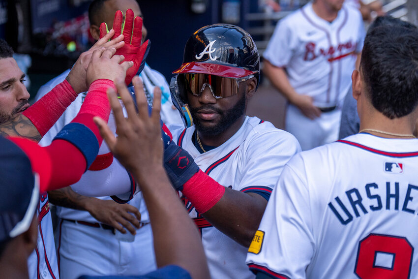 Atlanta Braves' Michael Harris II celebrates during the 10th inning of a baseball game against the Toronto Blue Jays, Sunday, Sept. 8, 2024, in Atlanta. (AP Photo/Erik Rank)