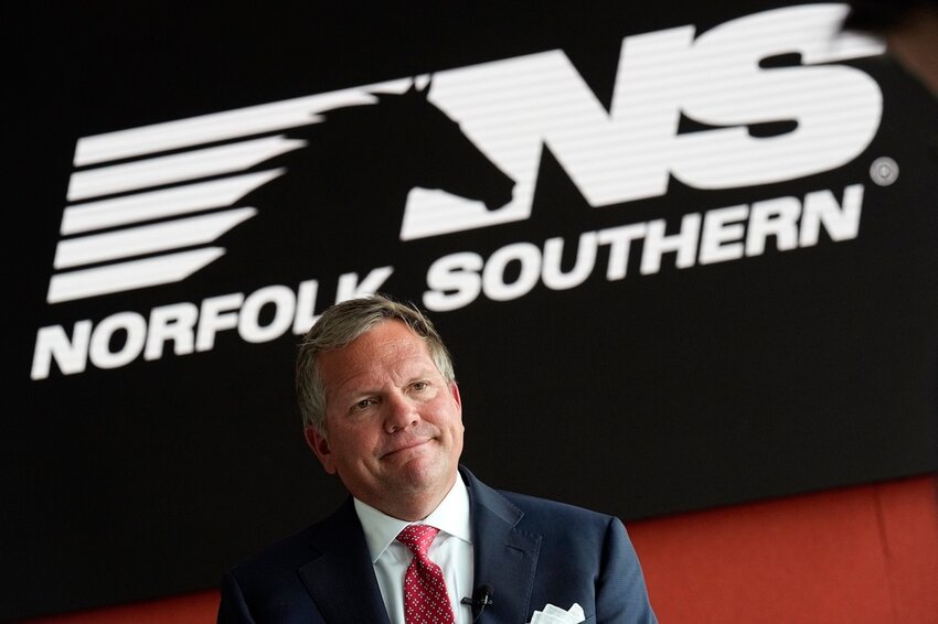 Norfolk Southern Railroad CEO Alan Shaw speaks during an interview June 21, 2023, in Atlanta. (AP Photo/John Bazemore, File)