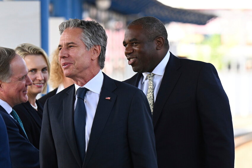 British Foreign Secretary David Lammy, right. and US Secretary of State, Anthony Blinken arrive at Kyiv train station Wednesday, Sept. 11, 2024 in Kyiv, Ukraine. (Leon Neal/Pool via AP)