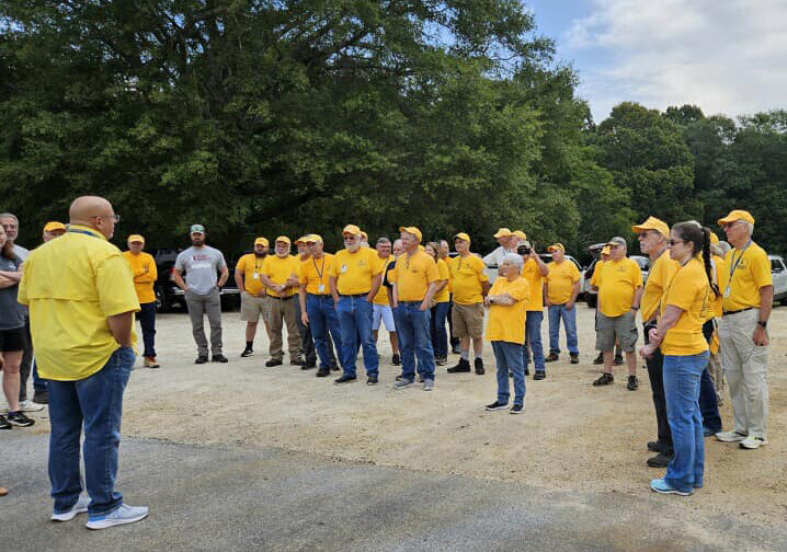 Dwain Carter, left, Georgia Baptist Disaster Relief coordinator, addresses volunteers Wednesday, Sept. 11, 2024, in Winder, Ga. (Photo/GBDR)