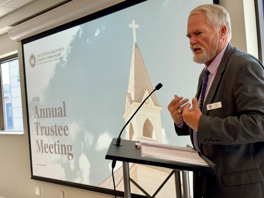 Tony Beam of South Carolina, serving in his short-term role as interim board chair, leads the Sept. 10–11 annual meeting of the ERLC board of trustees.
(The Baptist Paper/Jennifer Davis Rash)