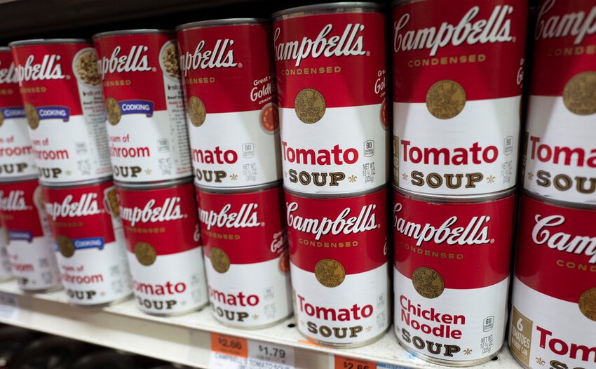 Cans of Campbell's soup are displayed in a supermarket on March 25, 2021, in New York. (AP Photo/Mark Lennihan, File)