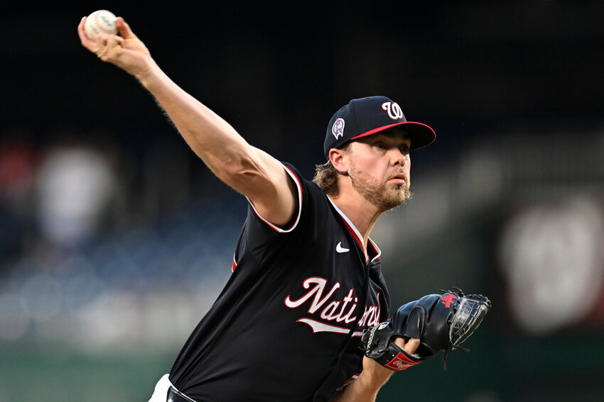 Washington Nationals starting pitcher Jake Irvin throws during the second inning against the Atlanta Braves, Wednesday, Sept. 11, 2024, in Washington. (AP Photo/John McDonnell)