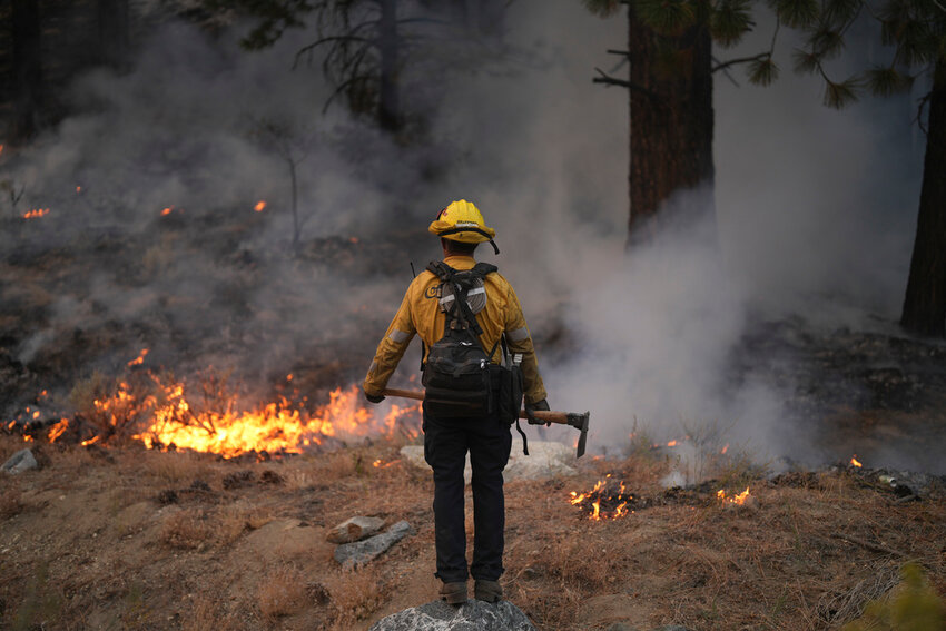 A firefighter works to contain the Bridge Fire, Wednesday, Sept. 11, 2024, in Wrightwood, Calif. (AP Photo/Eric Thayer)