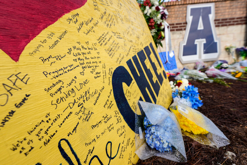 A memorial at Apalachee High School after the Wednesday school shooting, Saturday, Sept. 7, 2024, in Winder, Ga.  (AP Photo/Mike Stewart)