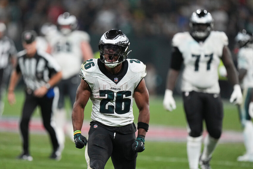 Philadelphia Eagles running back Saquon Barkley (26) reacts during the second half against the Green Bay Packers, Friday, Sept. 6, 2024, in Sao Paulo. (AP Photo/Fernando Llano)