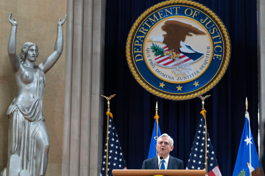 Attorney General Merrick Garland speaks to the U.S. Attorneys who have gathered for their annual conference at the Department of Justice headquarters in Washington, Thursday, Sept. 12, 2024. (AP Photo/Jose Luis Magana)