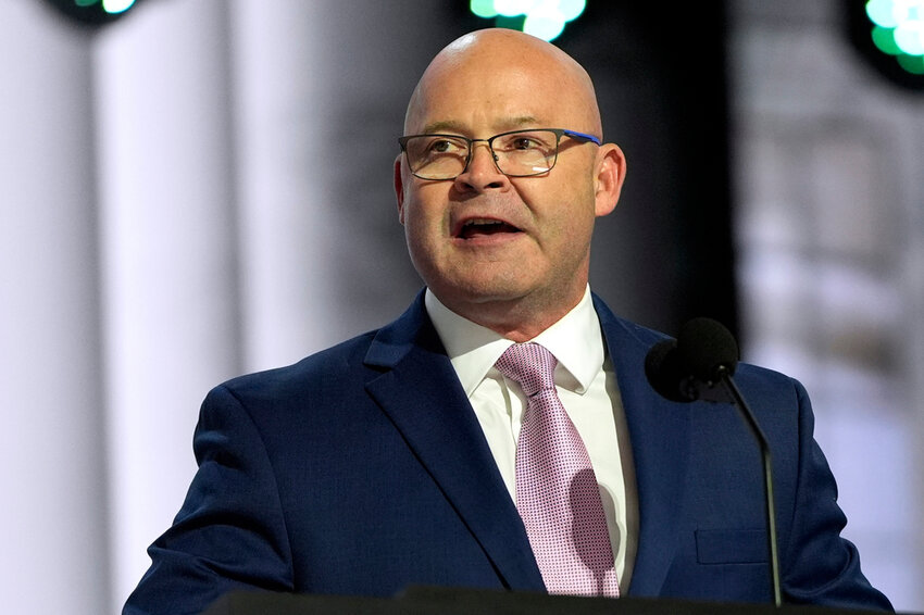 Sean O'Brien, president of the International Brotherhood of Teamsters, speaks during the Republican National Convention, July 15, 2024, in Milwaukee. (AP Photo/Julia Nikhinson, File)