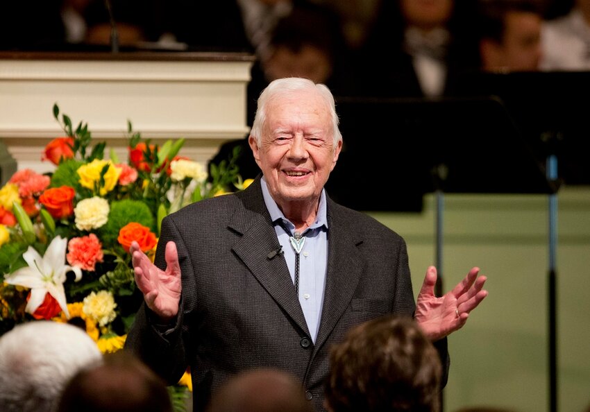 Former President Jimmy Carter teaches Sunday School class at the Maranatha Baptist Church in his hometown of Plains, Ga., Aug. 23, 2015. (AP Photo/David Goldman)